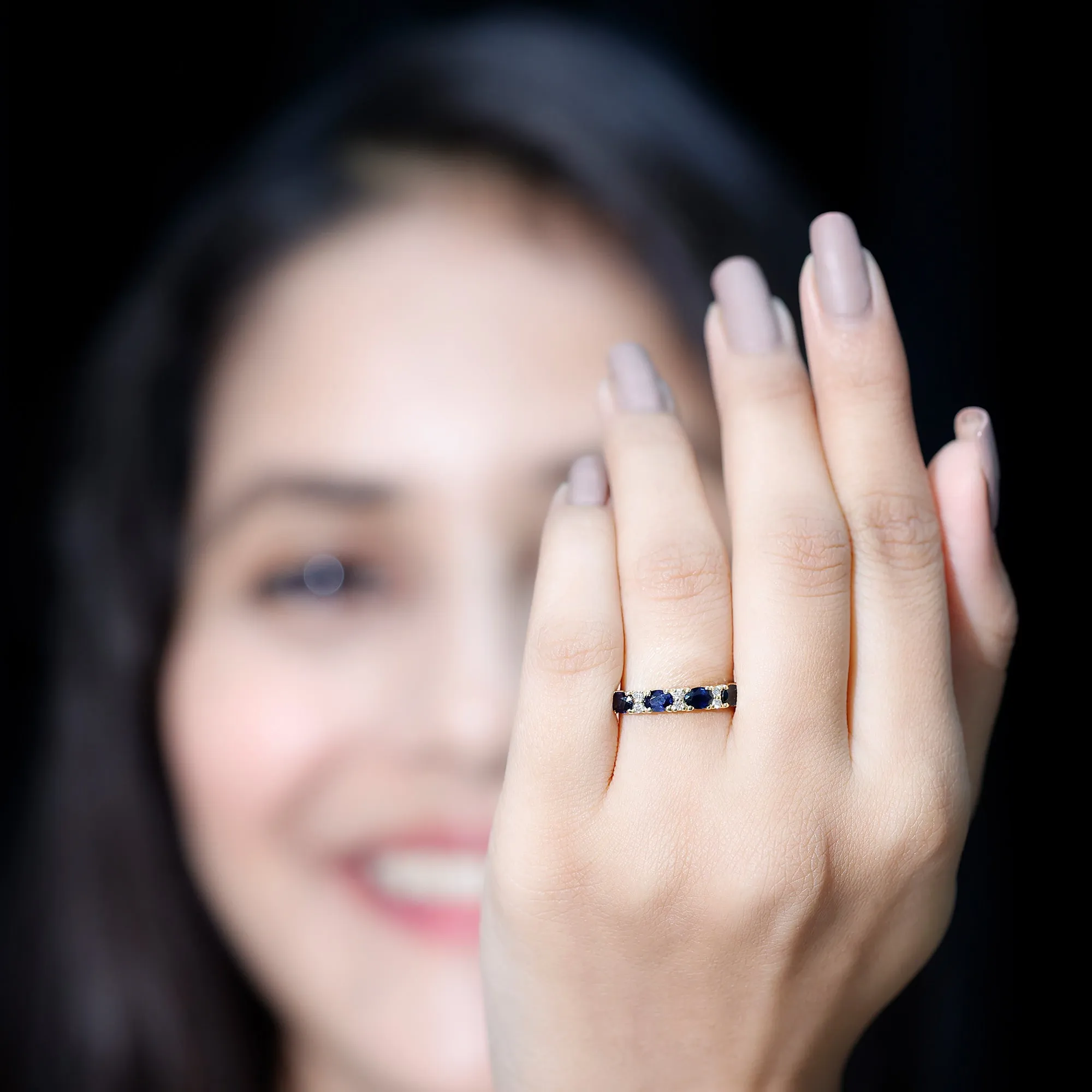 1 CT Beautiful Blue Sapphire and Diamond Half Eternity Ring