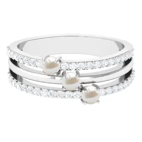 1 CT Freshwater Pearl and Diamond Three Row Band Ring