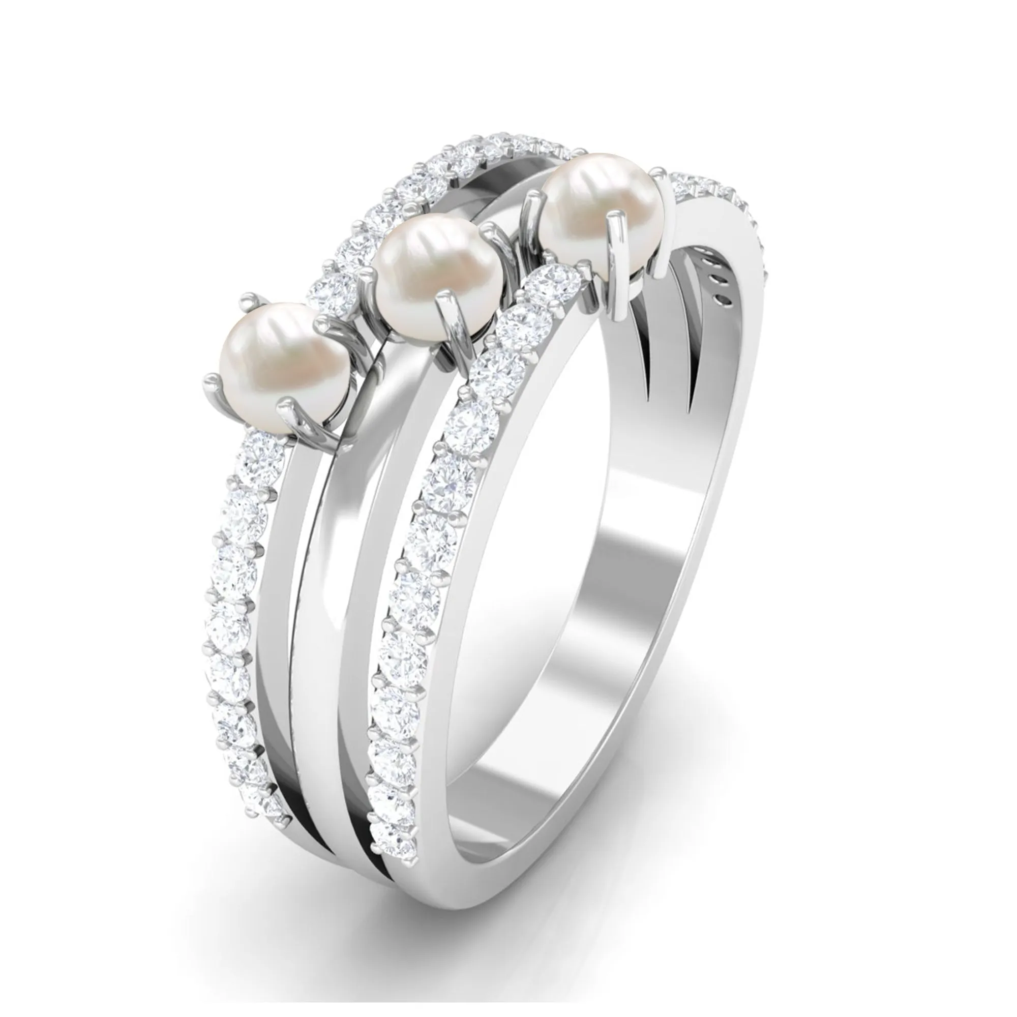 1 CT Freshwater Pearl and Diamond Three Row Band Ring