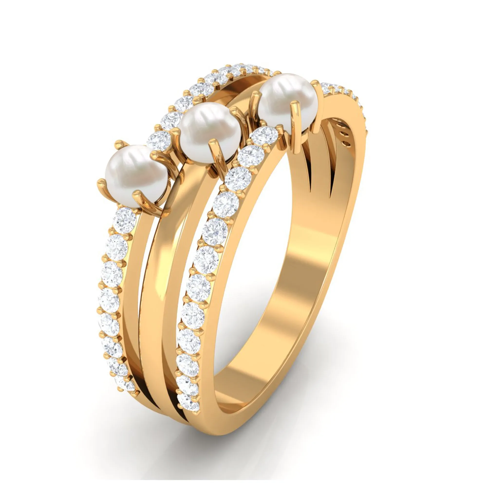 1 CT Freshwater Pearl and Diamond Three Row Band Ring