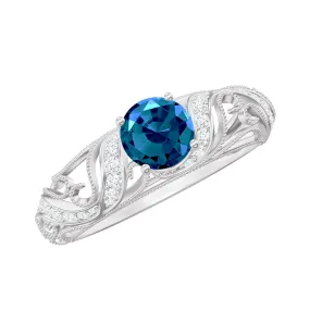 1 CT London Blue Topaz Vintage Inspired Engagement Ring with Diamond