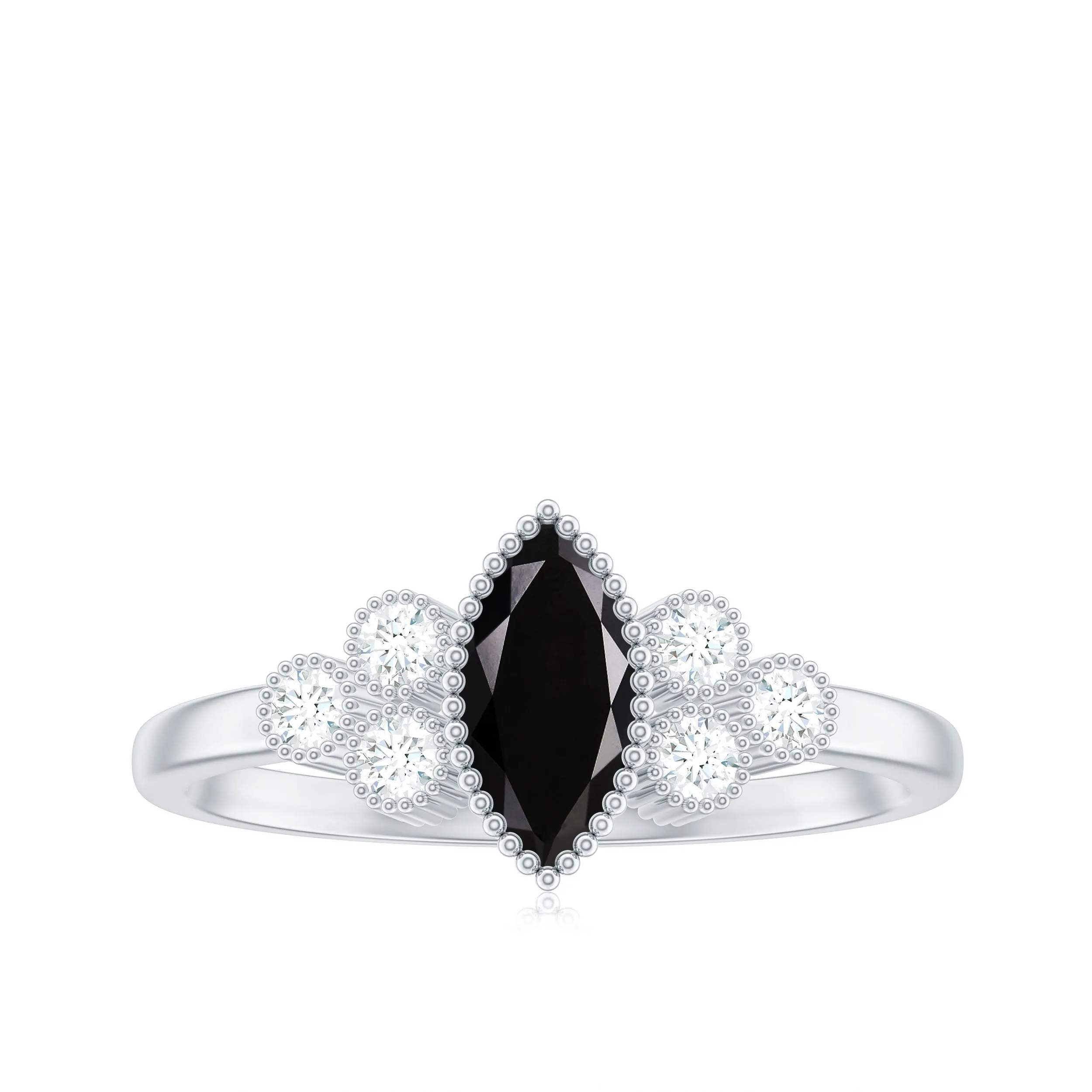 1 CT Marquise Cut Black Spinel Ring with Diamond Trio