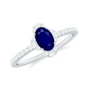 1 CT Oval Cut Blue Sapphire Classic Solitaire Ring with Diamond Halo