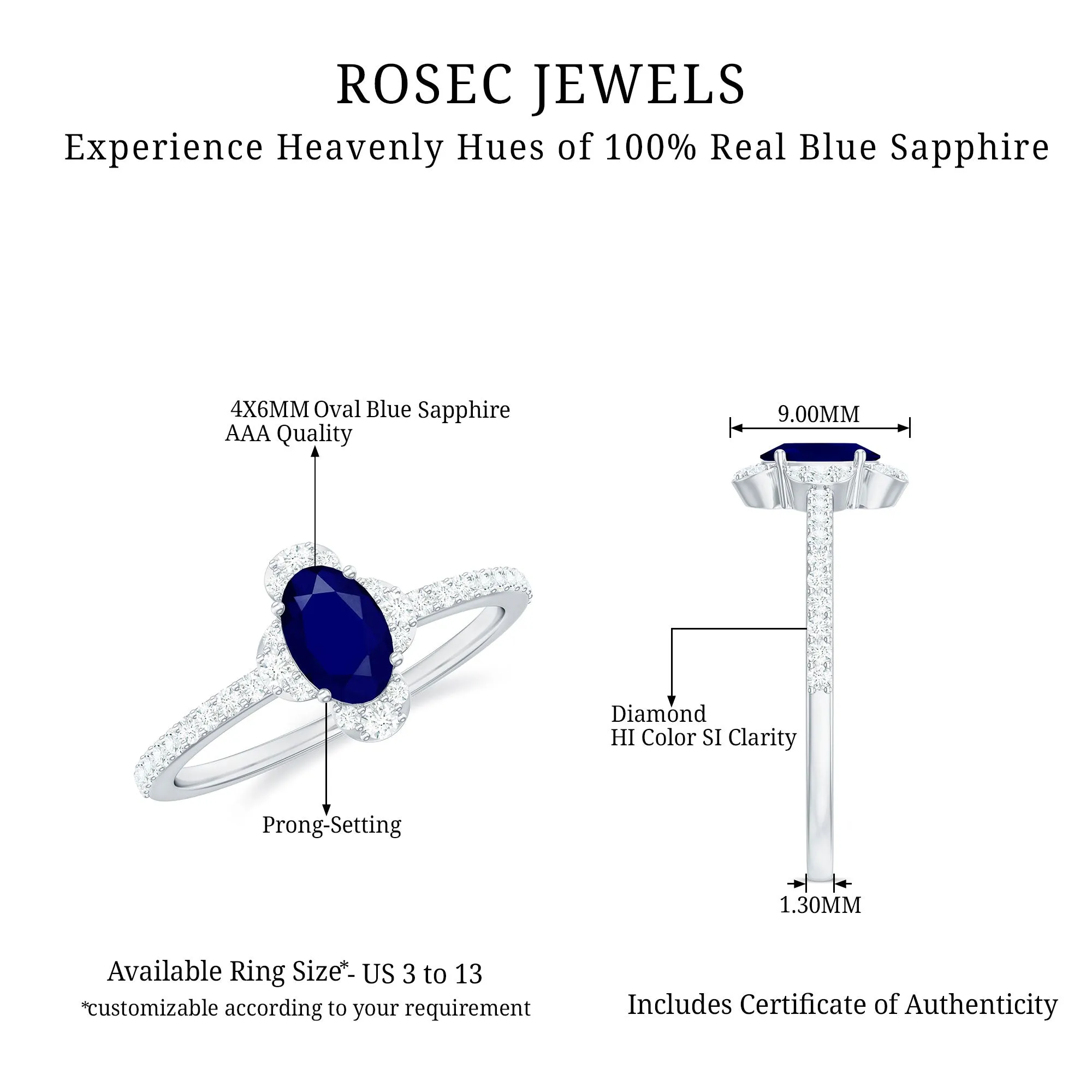 1 CT Oval Cut Blue Sapphire Classic Solitaire Ring with Diamond Halo