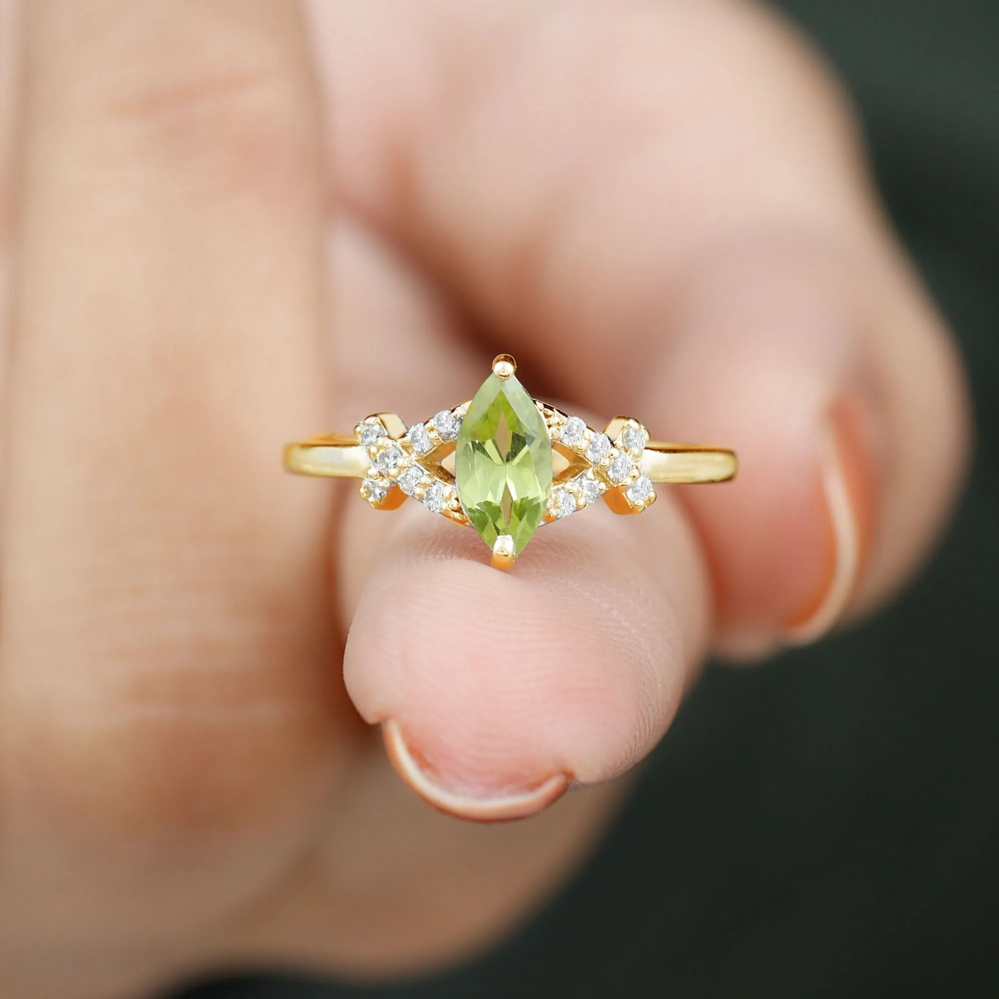 1 CT Peridot Engagement Ring with Diamond Stones