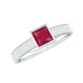 1 CT Princess Cut Ruby Engagement Ring with Diamond