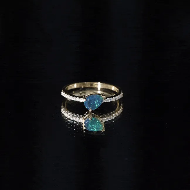 1 CT Real Black Opal Solitaire Teardrop Ring with Diamond Side Stones