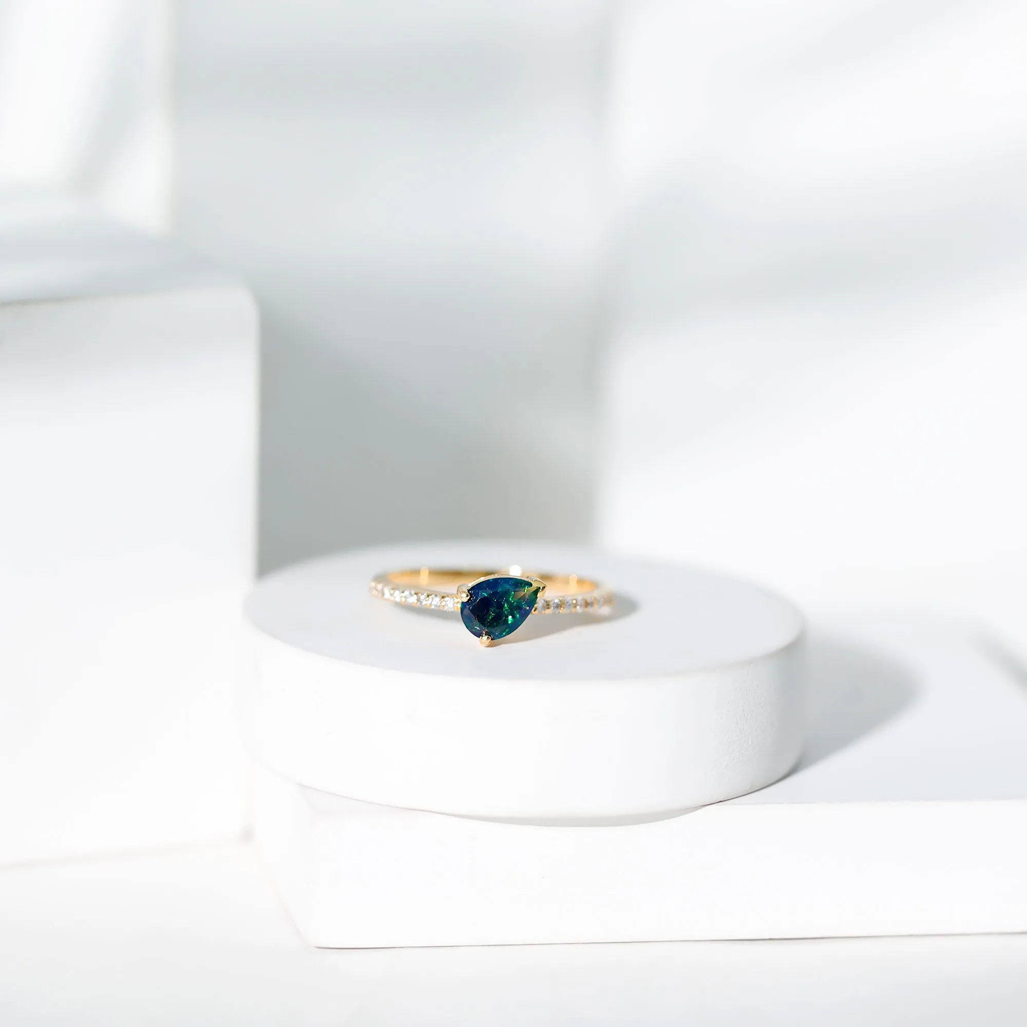 1 CT Real Black Opal Solitaire Teardrop Ring with Diamond Side Stones