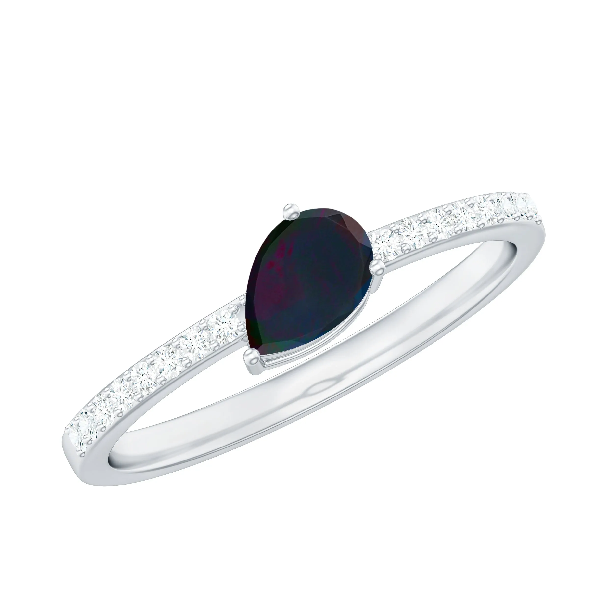 1 CT Real Black Opal Solitaire Teardrop Ring with Diamond Side Stones