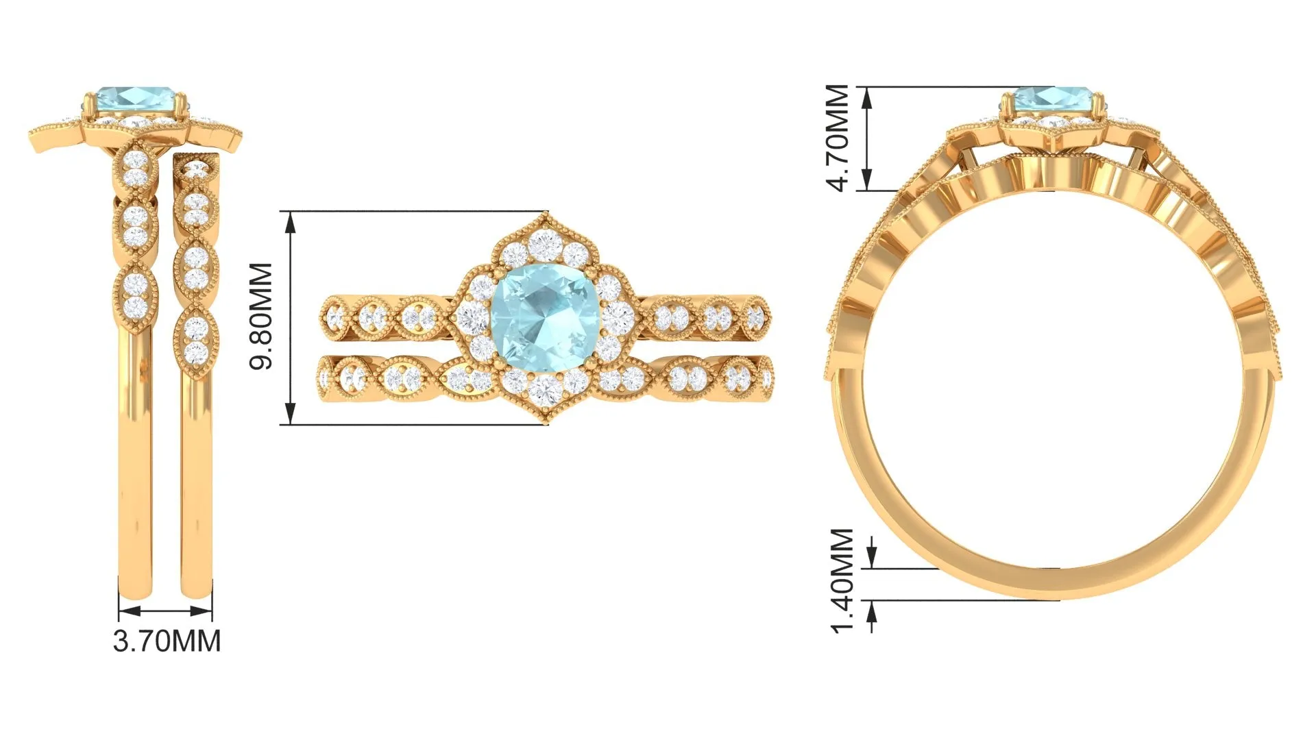 1 CT Sky Blue Topaz Flower Beaded Ring Set with Diamond