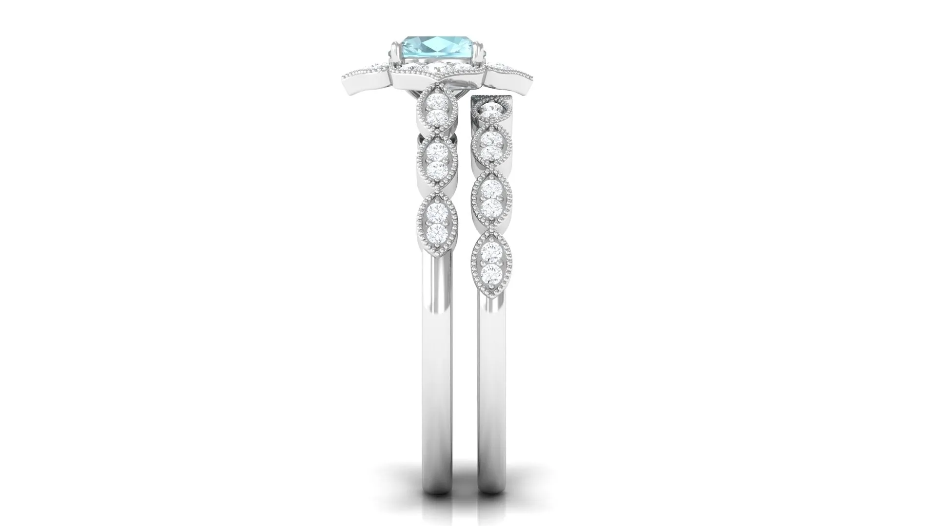 1 CT Sky Blue Topaz Flower Beaded Ring Set with Diamond