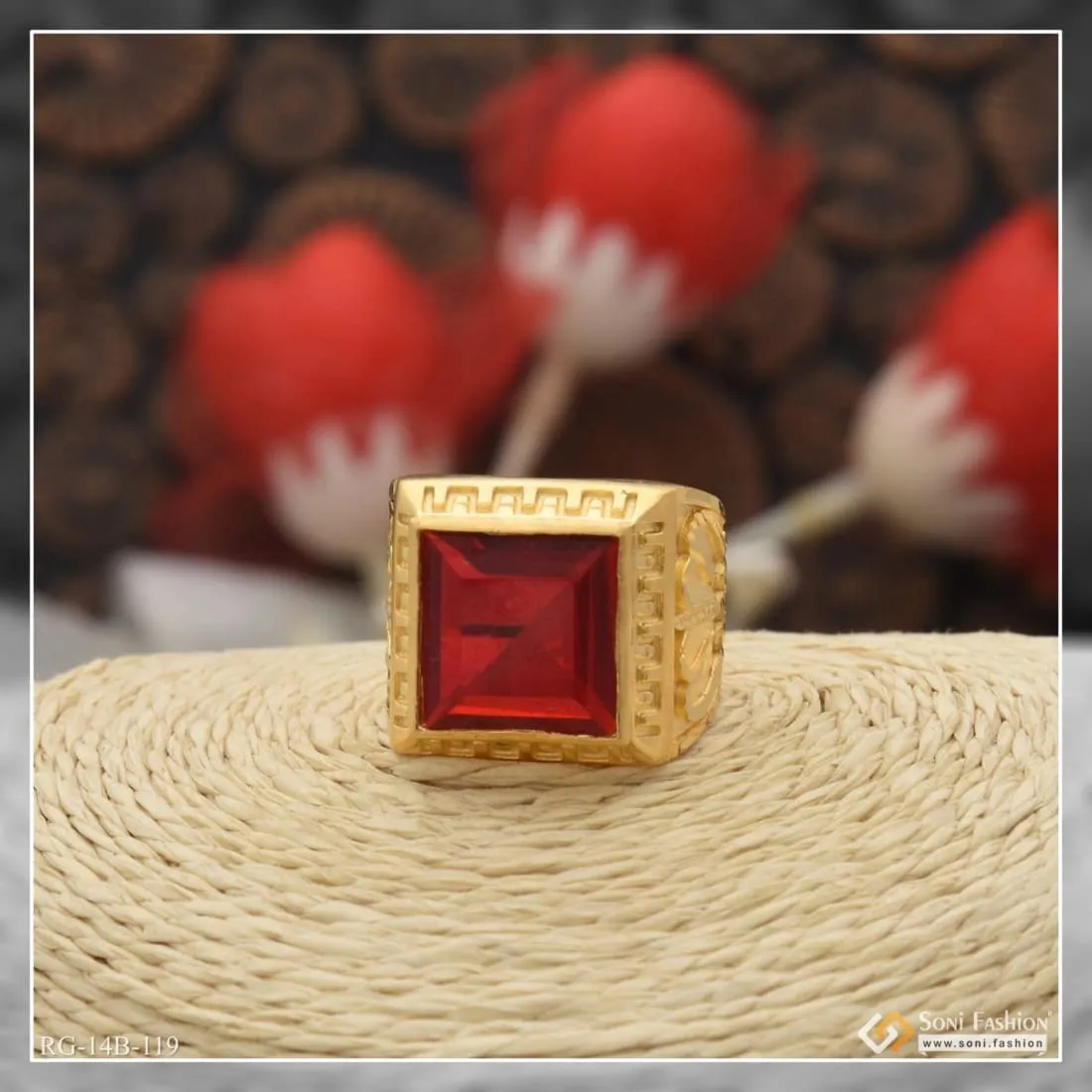 1 Gram Gold Forming Red Stone Unique Design Premium-Grade Quality Ring - Style B119