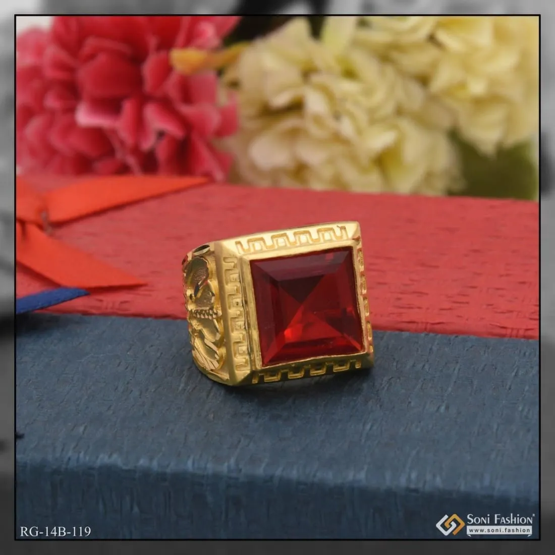 1 Gram Gold Forming Red Stone Unique Design Premium-Grade Quality Ring - Style B119