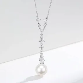 10-11mm White Freshwater Akoya Pearl & Cubic Zirconia Y-Shape Necklace