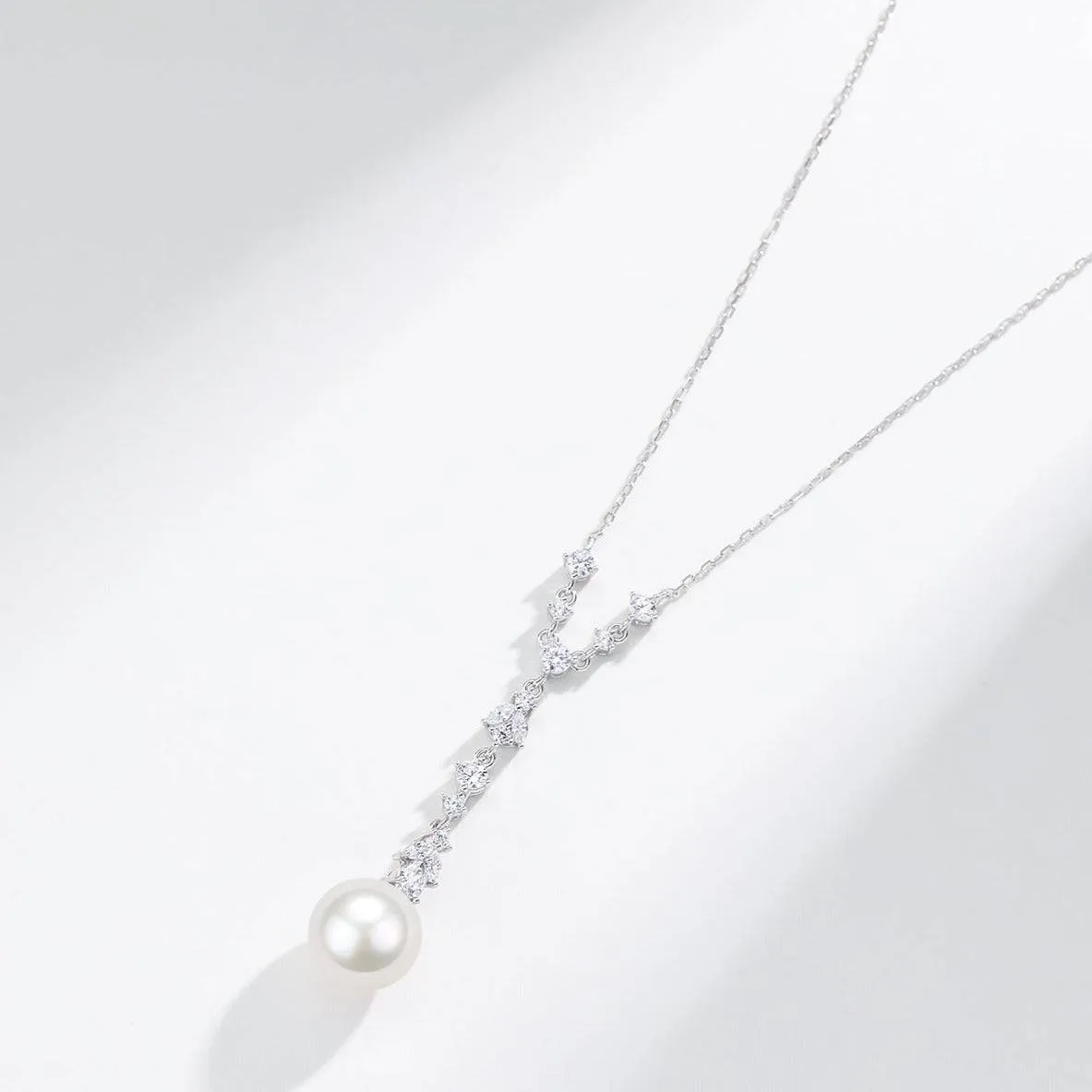 10-11mm White Freshwater Akoya Pearl & Cubic Zirconia Y-Shape Necklace