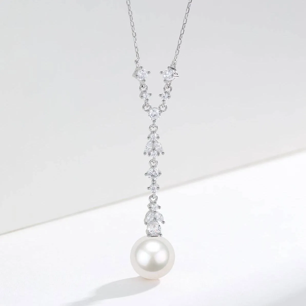 10-11mm White Freshwater Akoya Pearl & Cubic Zirconia Y-Shape Necklace