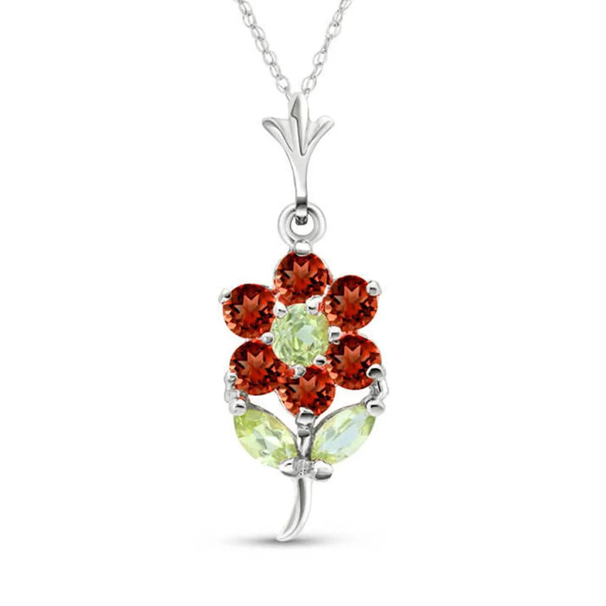 1.06 Carat 14K Solid White Gold Flower Necklace Garnet, Citrine Peridot