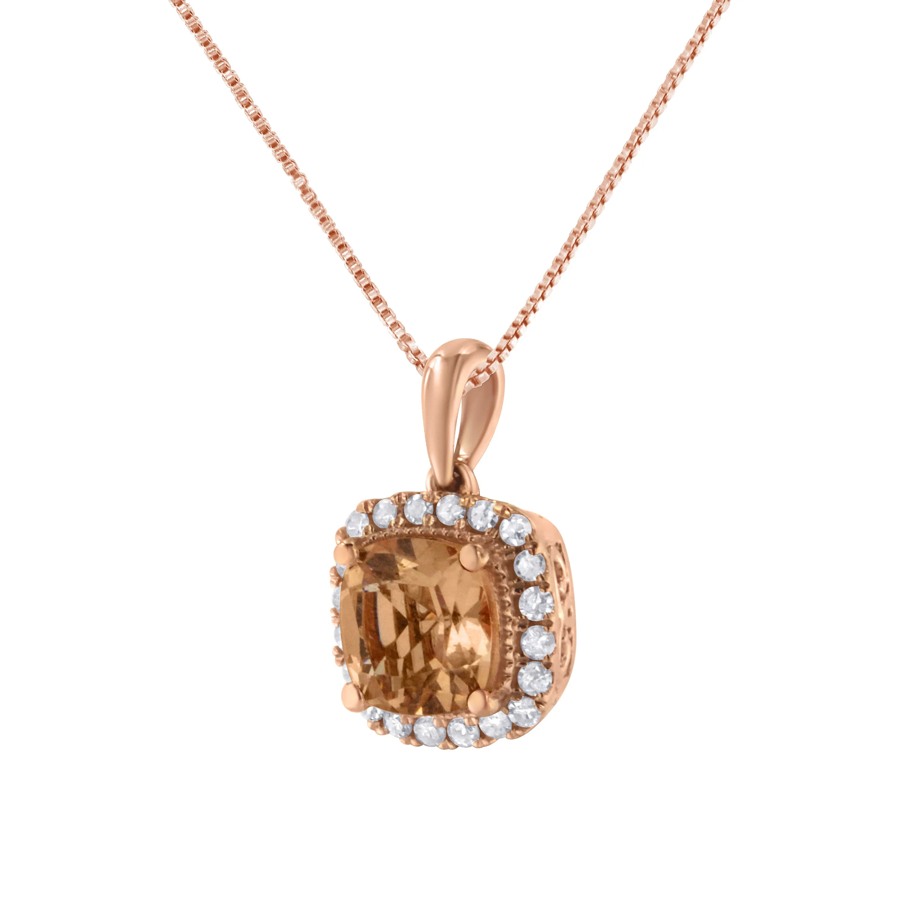 10K Rose Gold 1/4ct Diamond and 8MM Peach Morganite Gemstone Square Pendant