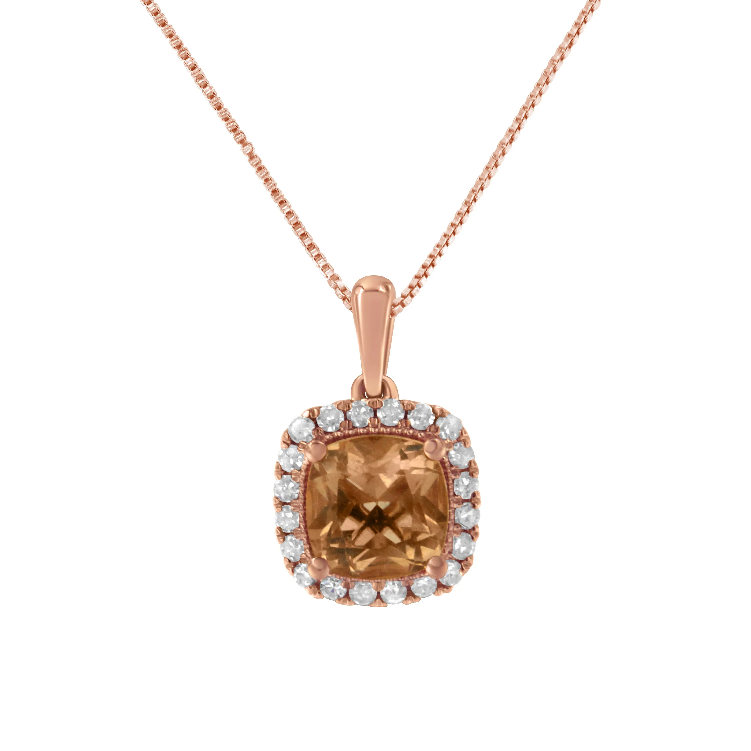 10K Rose Gold 1/4ct Diamond and 8MM Peach Morganite Gemstone Square Pendant