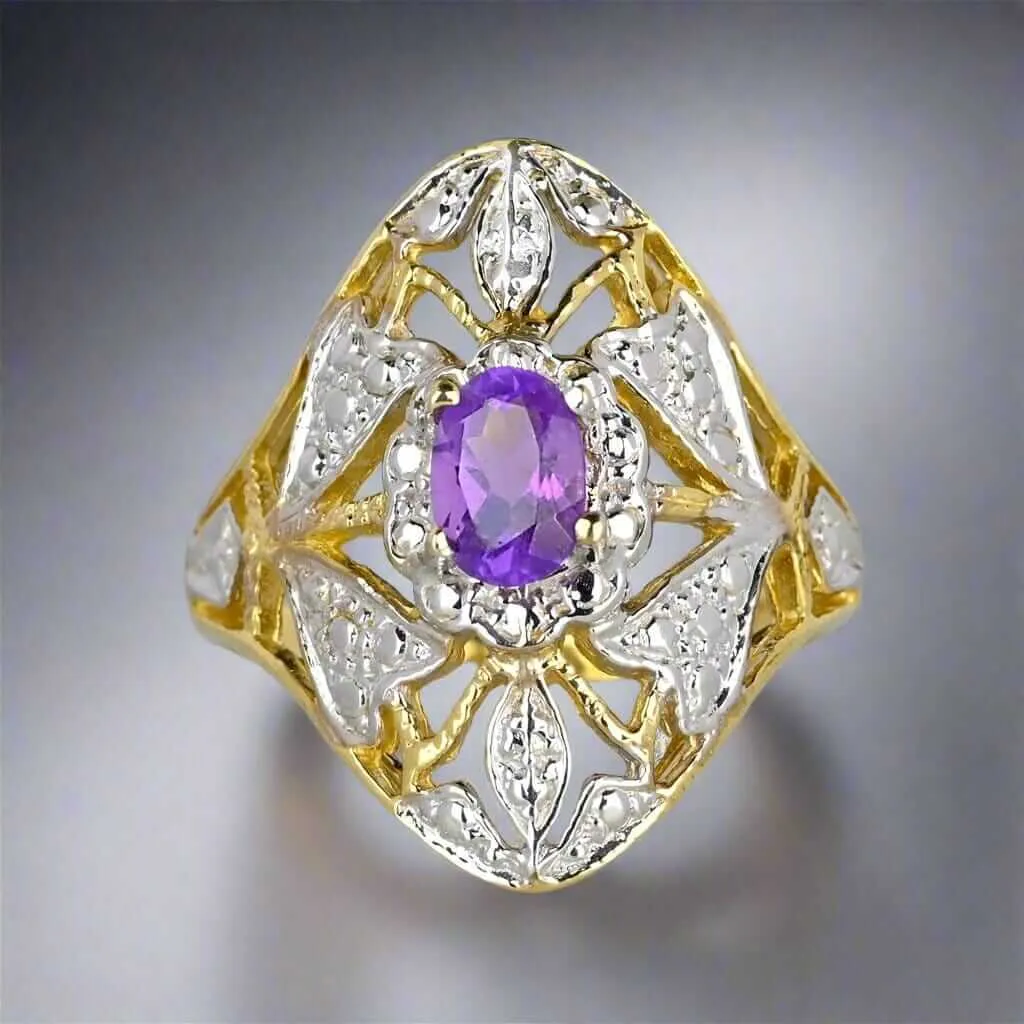 10K White & Yellow Gold Floral Panel Amethyst Ring