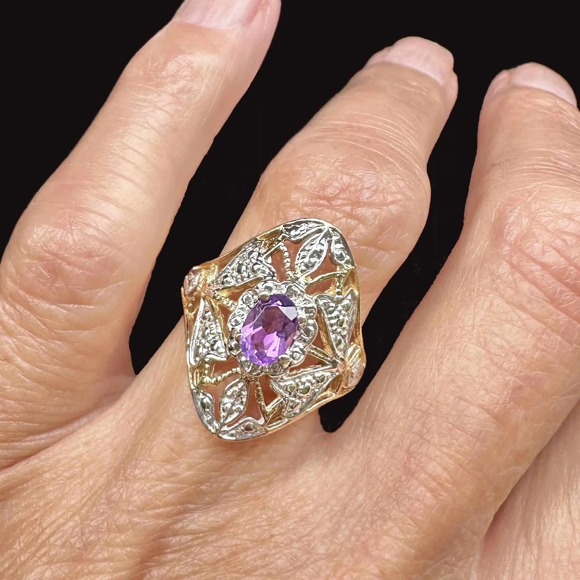 10K White & Yellow Gold Floral Panel Amethyst Ring