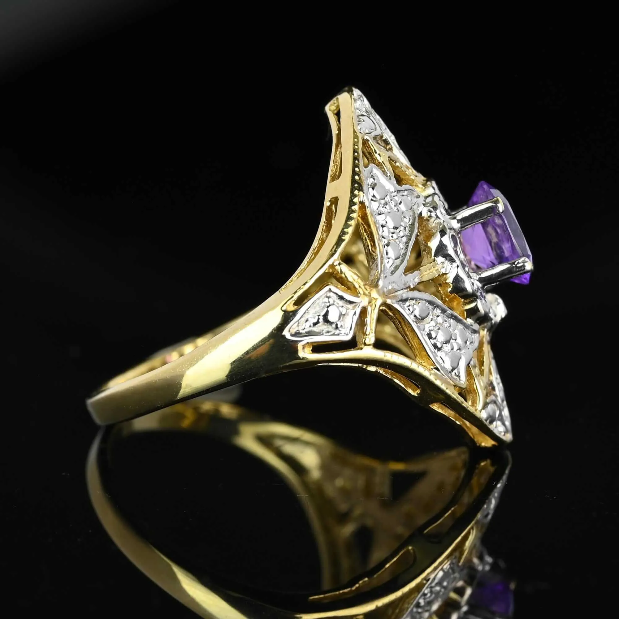 10K White & Yellow Gold Floral Panel Amethyst Ring