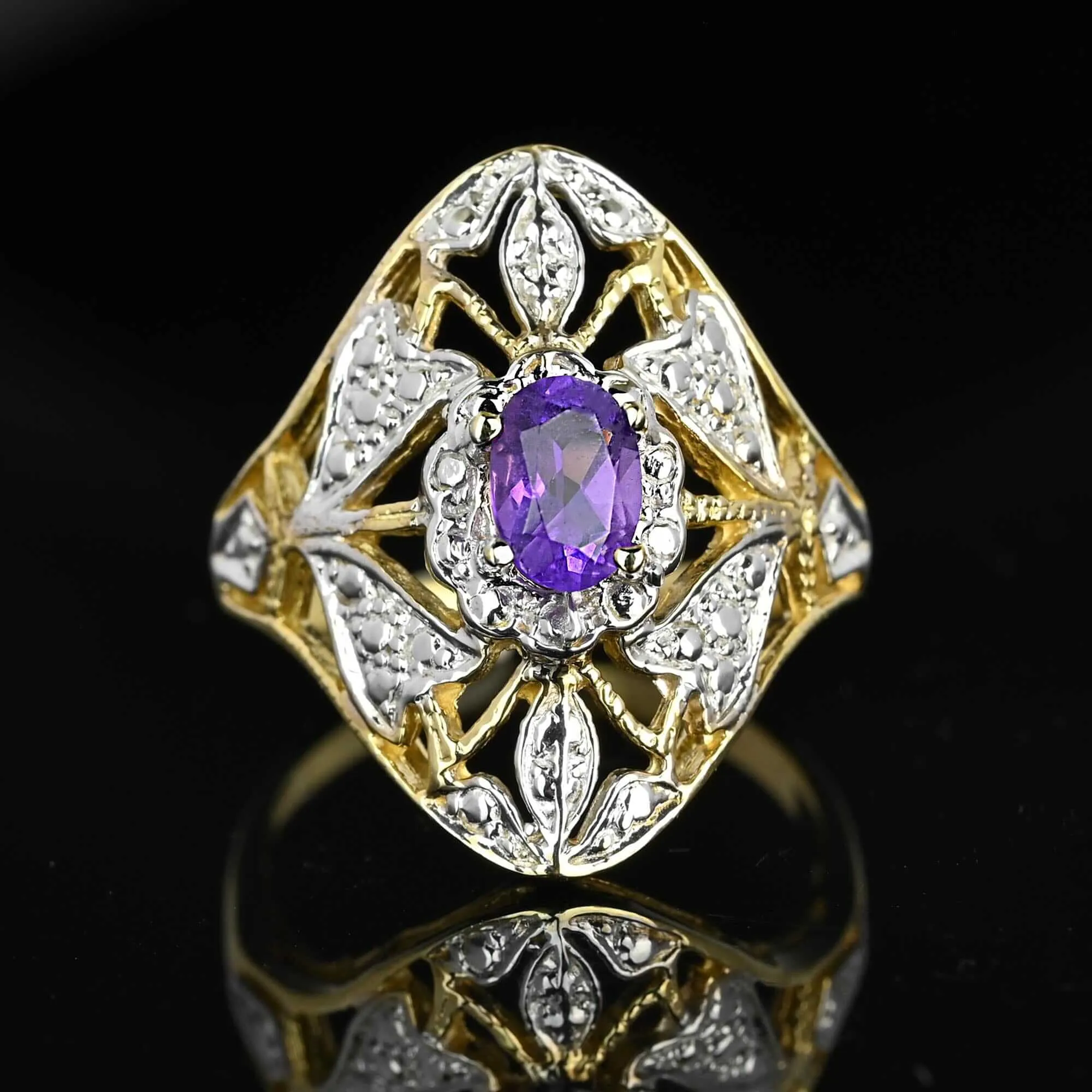 10K White & Yellow Gold Floral Panel Amethyst Ring