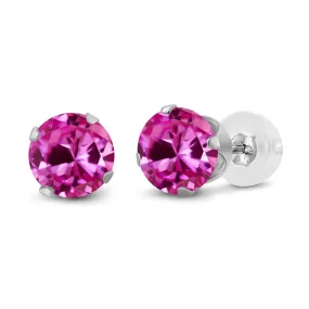 10k White Gold Plated 1 Carat Round Created Pink Sapphire Stud Earrings