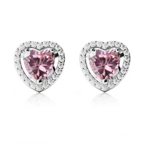 10k White Gold Plated 1 Ct Created Halo Heart Pink Sapphire Stud Earrings