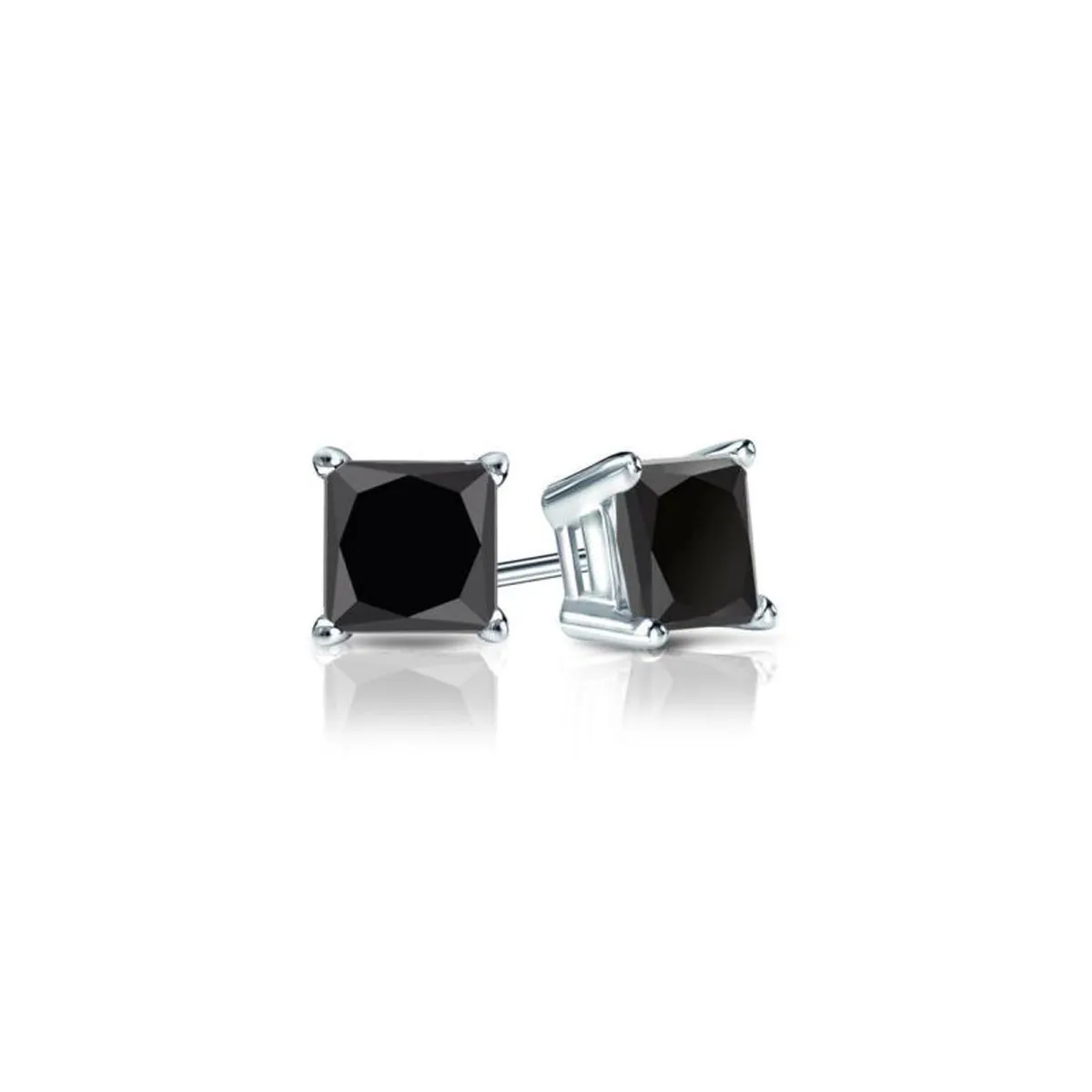 10k White Gold Plated 1/2 Carat Princess Cut Created Black Sapphire Stud Earrings