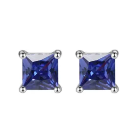 10k White Gold Plated 4 Carat Square Created Blue Sapphire Stud Earrings