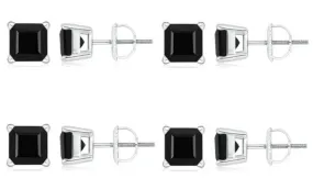 10k White Gold Plated Created Black Sapphire 1/2Ct Square Cut Pack of Four Stud Earrings