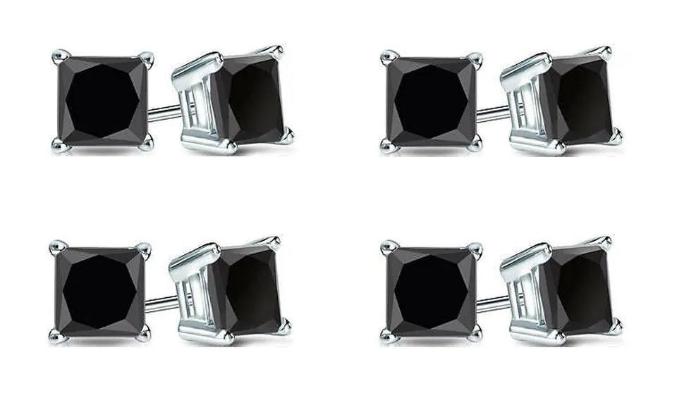 10k White Gold Plated Created Black Sapphire 2Ct Princess Cut Pack of Four Stud Earrings