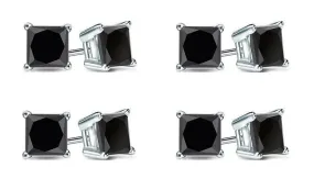 10k White Gold Plated Created Black Sapphire 2Ct Princess Cut Pack of Four Stud Earrings