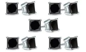 10k White Gold Plated Created Black Sapphire 3Ct Princess Cut Pack of Five Stud Earrings