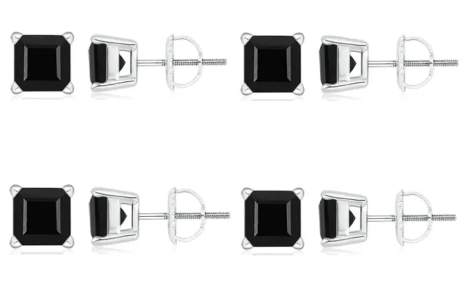 10k White Gold Plated Created Black Sapphire 4Ct Square Cut Pack of Four Stud Earrings