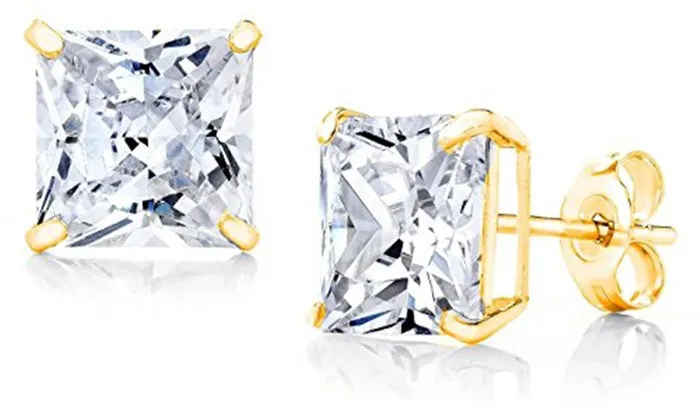 10k Yellow Gold Created  White Sapphire 3 Carat Square Stud Plated Earrings