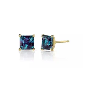 10k Yellow Gold Plated 1 Ct Princess Cut Created Alexandrite Sapphire Stud Earrings