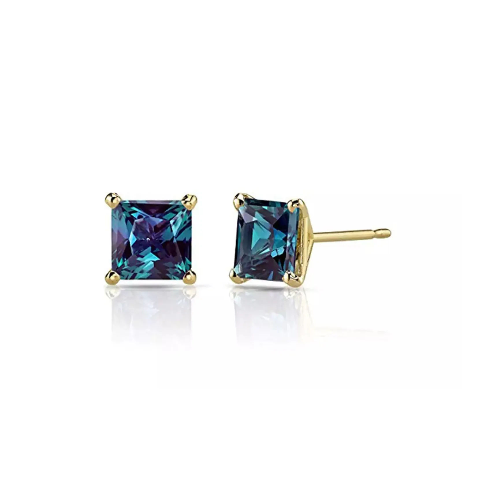 10k Yellow Gold Plated 2 Ct Princess Cut Created Alexandrite Sapphire Stud Earrings