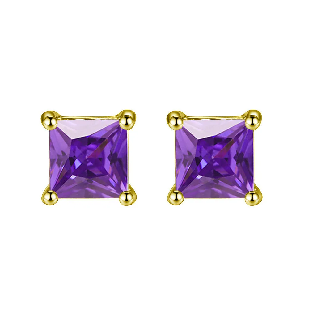 10k Yellow Gold Plated 3 Carat Princess Cut Created Amethyst Sapphire Stud Earrings