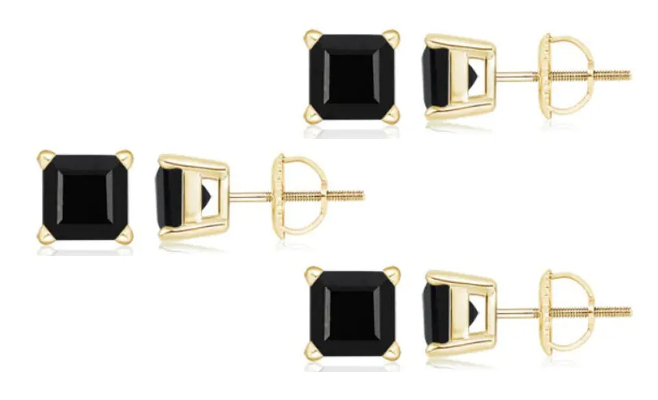 10k Yellow Gold Plated Created Black Sapphire 4Carat Square Cut Pack of Three Stud Earrings