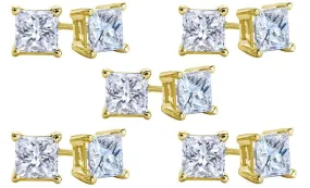 10k Yellow Gold Plated Created White Sapphire 1/2 Carat Square Cut Pack of Five Stud Earrings