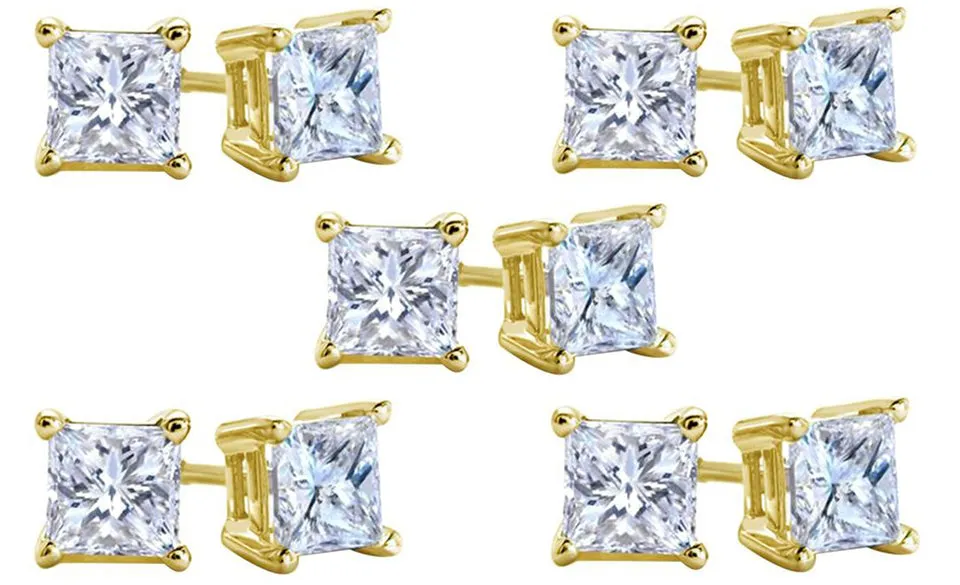 10k Yellow Gold Plated Created White Sapphire 1/2 Carat Square Cut Pack of Five Stud Earrings