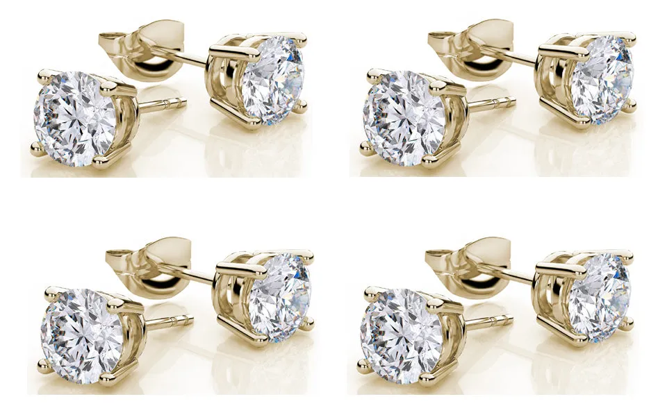 10k Yellow Gold Plated Created White Sapphire 2 Carat Round Pack of Four Stud Earrings