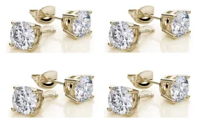 10k Yellow Gold Plated Created White Sapphire 2 Carat Round Pack of Four Stud Earrings