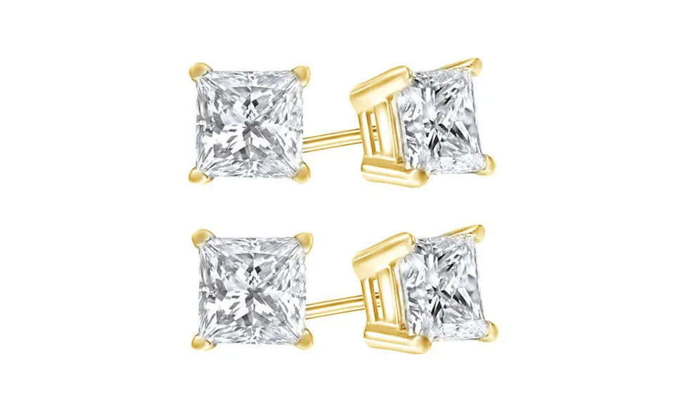 10k Yellow Gold Plated Created White Sapphire 3 Carat Princess Cut Pack of Two Stud Earrings