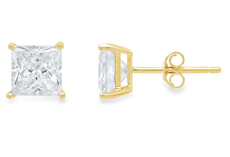 10k Yellow Gold Plated Created White Sapphire 3 Carat Princess Cut Stud Earrings