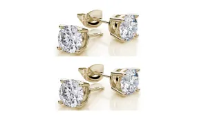 10k Yellow Gold Plated Created White Sapphire 3 Carat Round Pack of Two Stud Earrings