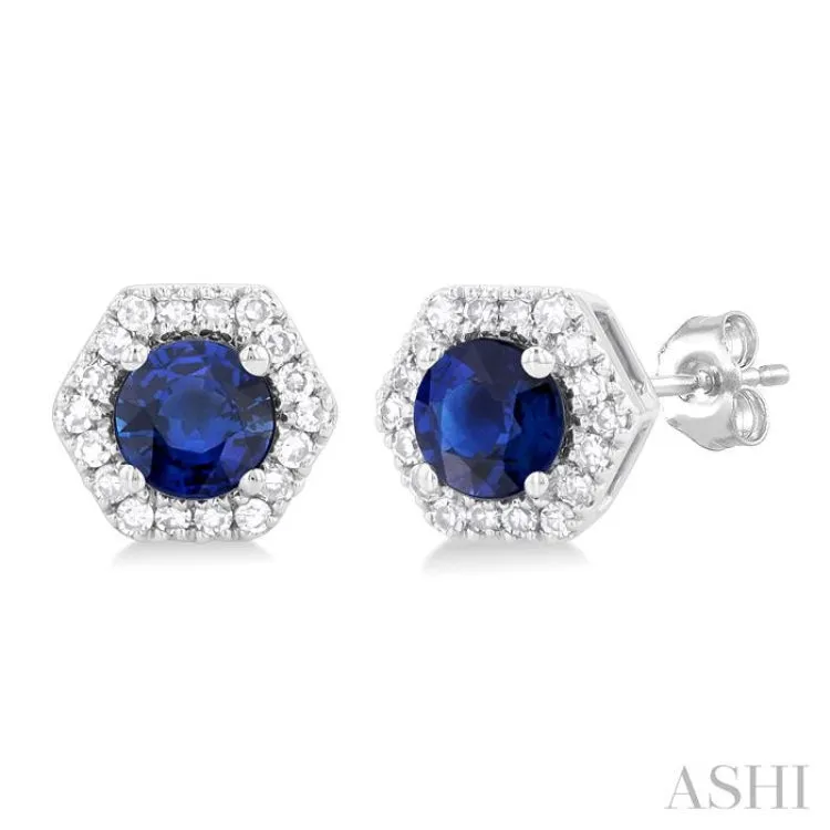 1/10 ctw Round Cut Diamonds and 3.5MM Round Sapphire Halo Precious Stud Earrings in 10K White Gold