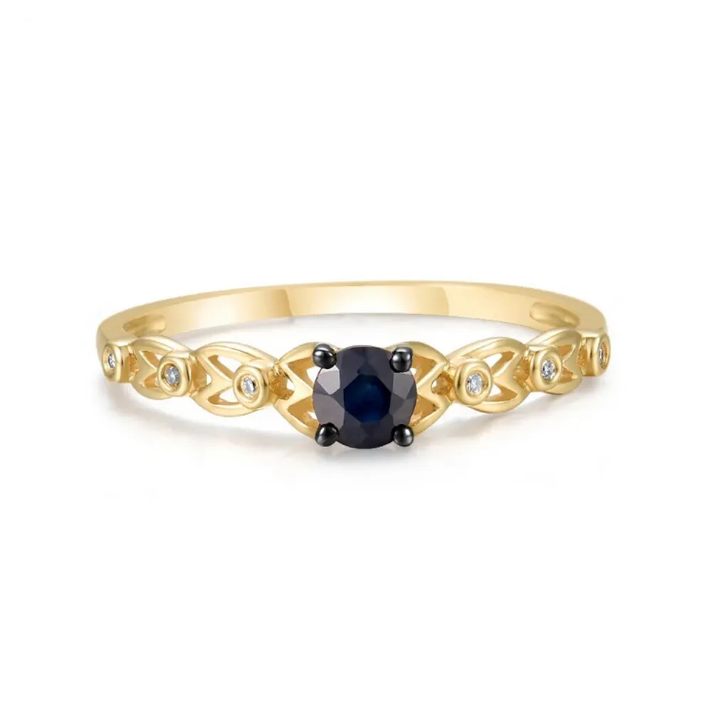 1/3 Carat Sapphire Solitaire 14K Solid Yellow Gold with Natural Diamonds Ring Band for Women